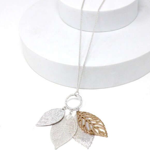 Gold Silver Two Tone Filigree Fall Leaf Pendant Long Necklace Chic Sweater Chain - Picture 6 of 9